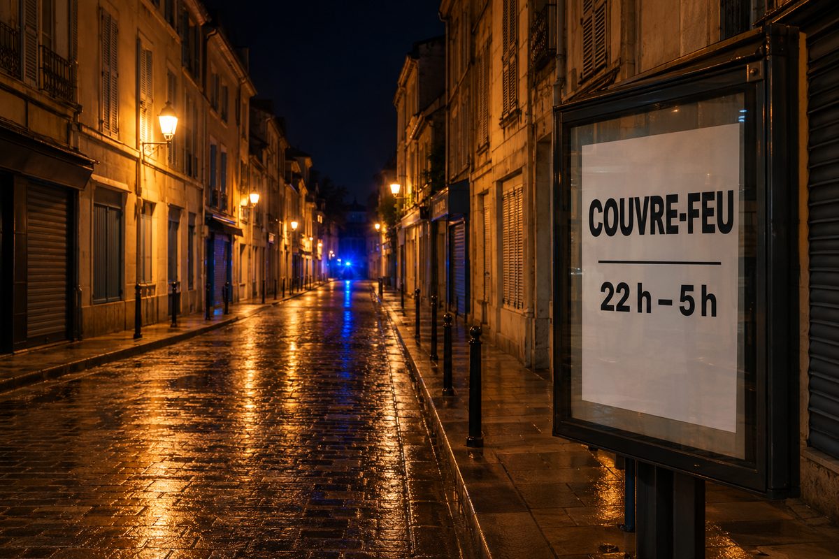 Illustration générée par IA : une rue pavée déserte la nuit, sous la pluie, éclairée par les lampadaires ; au premier plan, un panneau d’affichage municipal avec une affiche « Couvre-feu 22 h – 5 h » ; au loin, la lueur bleue d’un gyrophare