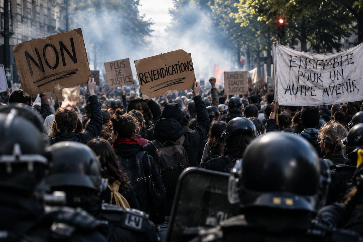 Illustration générée par IA : une foule de manifestants vue de dos, pancartes « NON », « Revendications » et « Plus de justice », banderole « Ensemble pour un autre avenir », face à des policiers casqués au premier plan