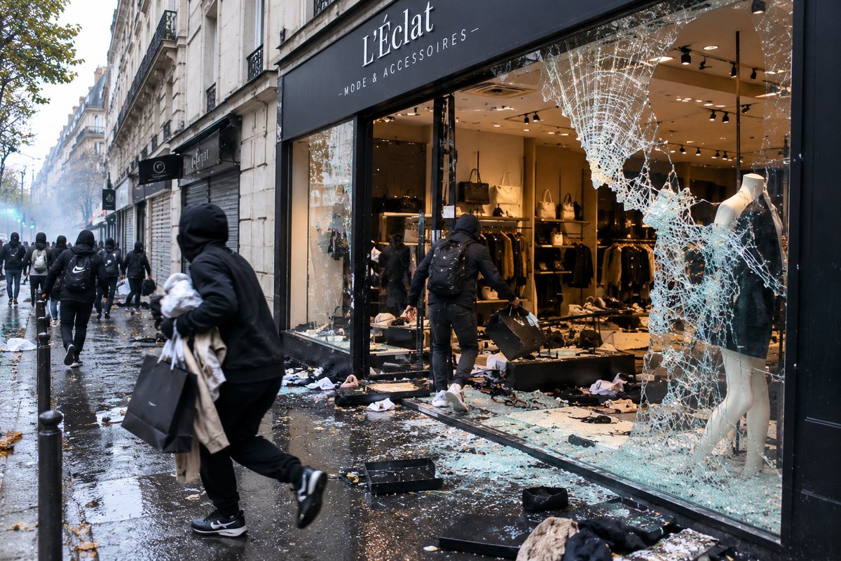 Illustration générée par IA : la vitrine brisée d’un magasin de vêtements, des éclats de verre sur le trottoir mouillé et des personnes vêtues de noir, capuche sur la tête, qui emportent des sacs