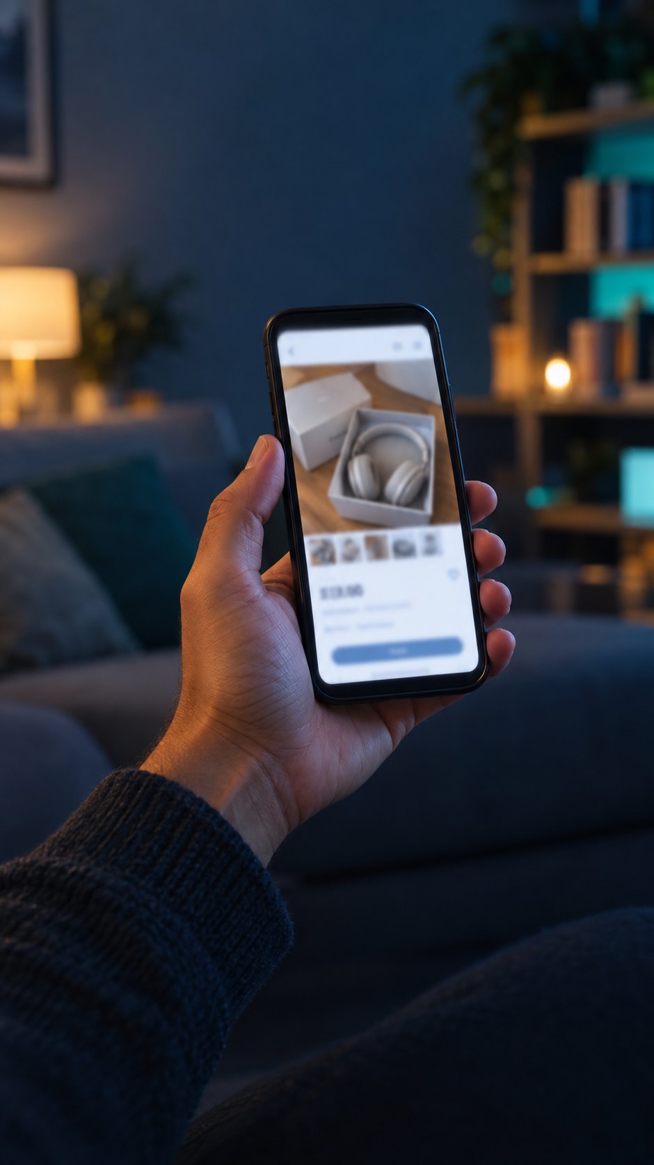 Le soir, dans un salon, une main tient un smartphone qui affiche l’annonce d’un casque audio neuf dans sa boîte.